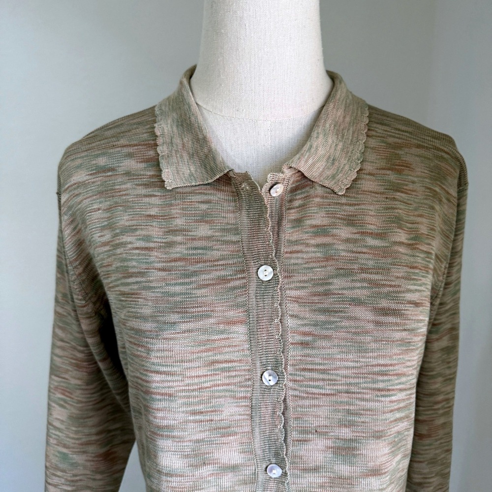 Vintage 100% Silk Space Dye Cardigan Scalloped Polo Medium Feminine Delicate